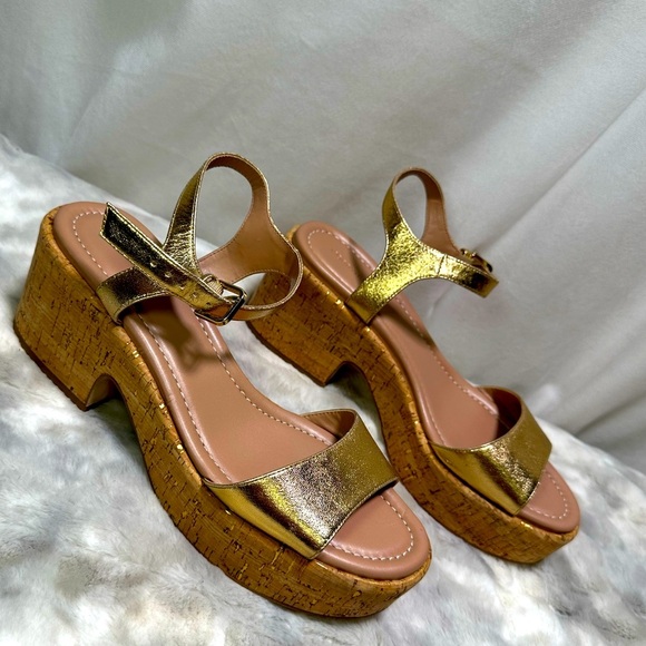 Nordstrom Gold Cork Strap Leather Claudia Sandals 9.5 - Picture 1 of 6
